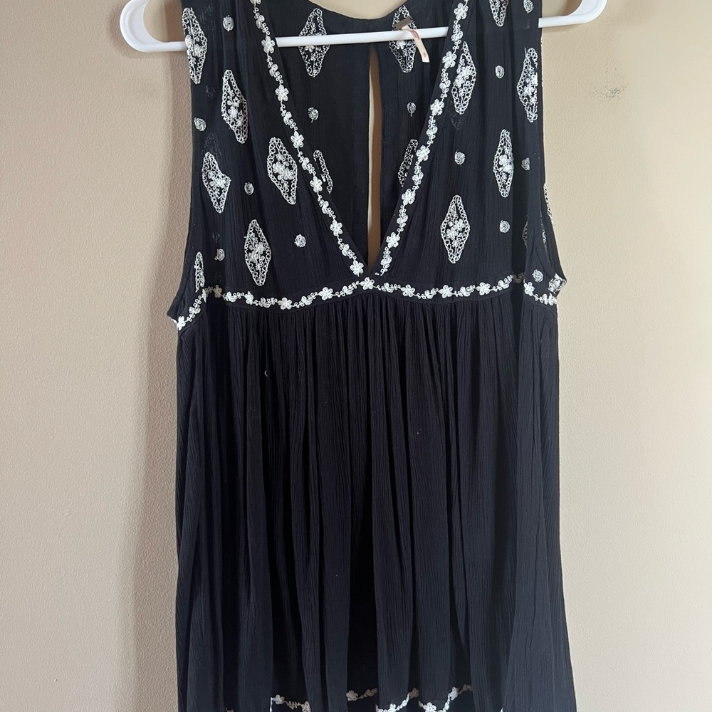 Free People Black and White Embroidered Top